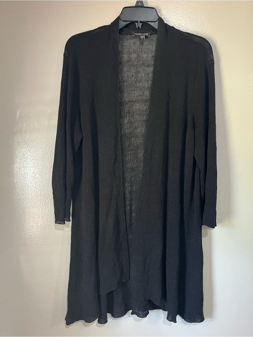 Eileen Fisher Open-Front Sheer Knit Long Black Cardigan Linen Blend Sz L